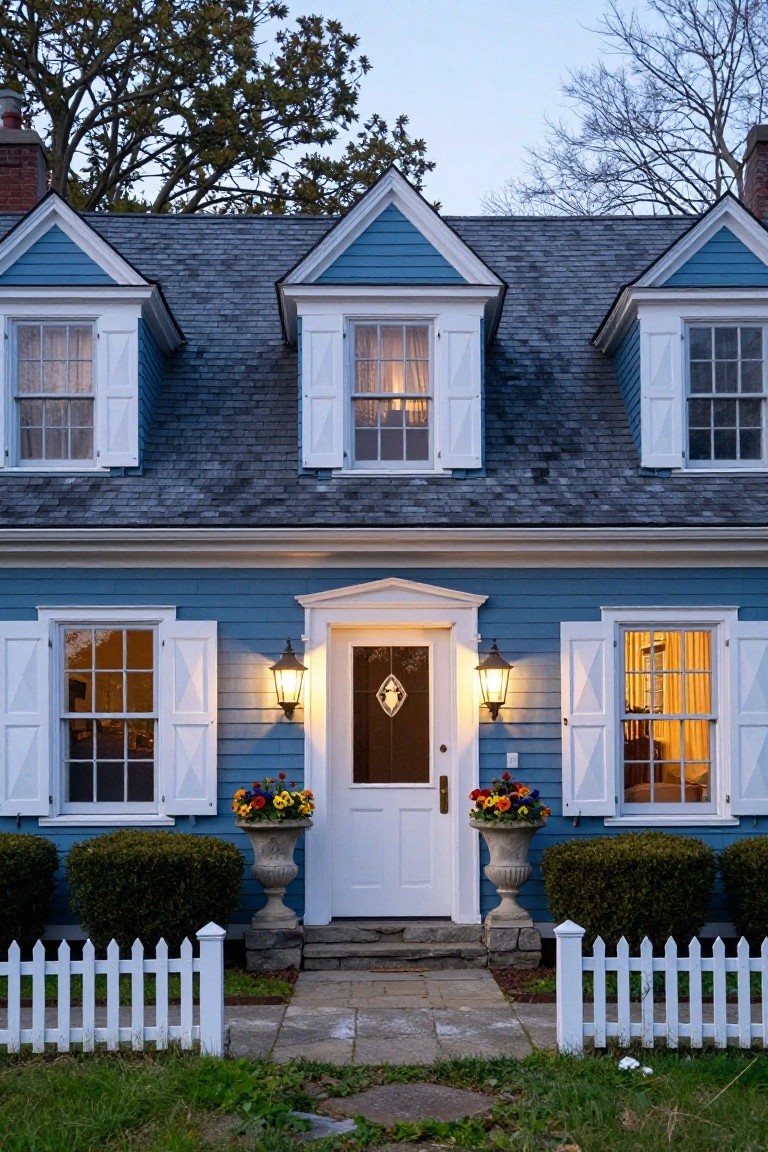Blue clapboard house exterior at dusk with white shutters and trim, lit front door flanked by lanterns and urns of flowers, white picket fence in foreground.