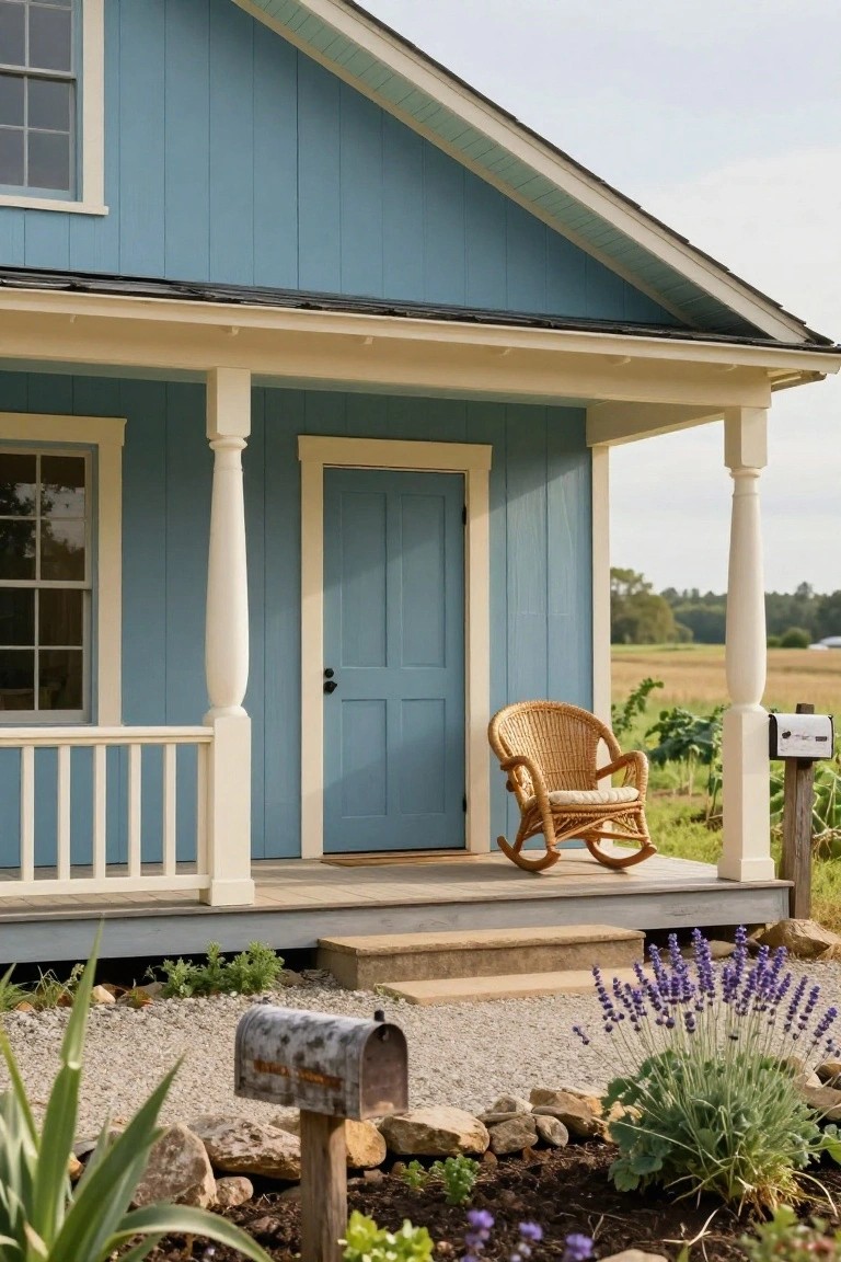Light blue clapboard house with white-trimmed front porch, turned columns, blue door, wicker rocking chair, lavender plants, rustic mailbox, and gravel landscaping.