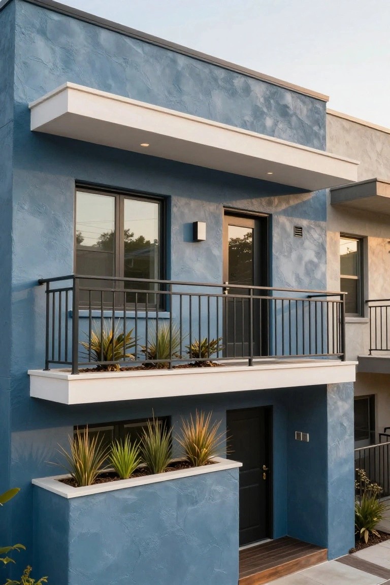 Modern two-story house with textured soft blue stucco exterior, upper balcony with black metal railing and potted plants, dark front door, and white overhangs.