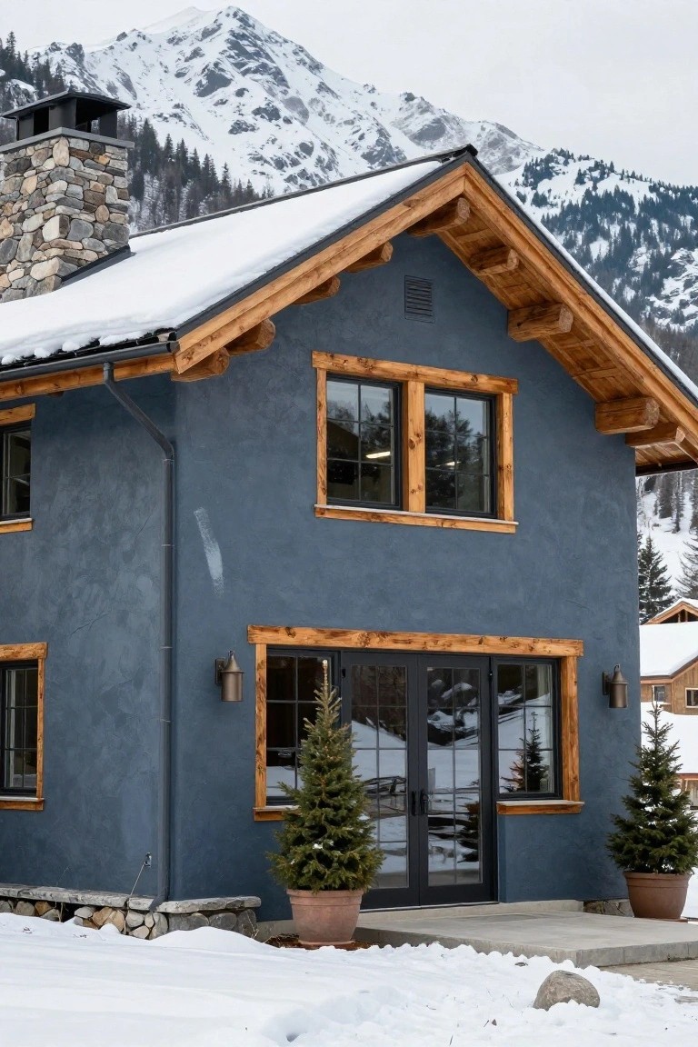 Blue-gray stucco chalet house with wooden roof eaves, window frames, and door surround, flanked by two potted small pine trees on a concrete entry stoop, surrounded by snow and mountains.