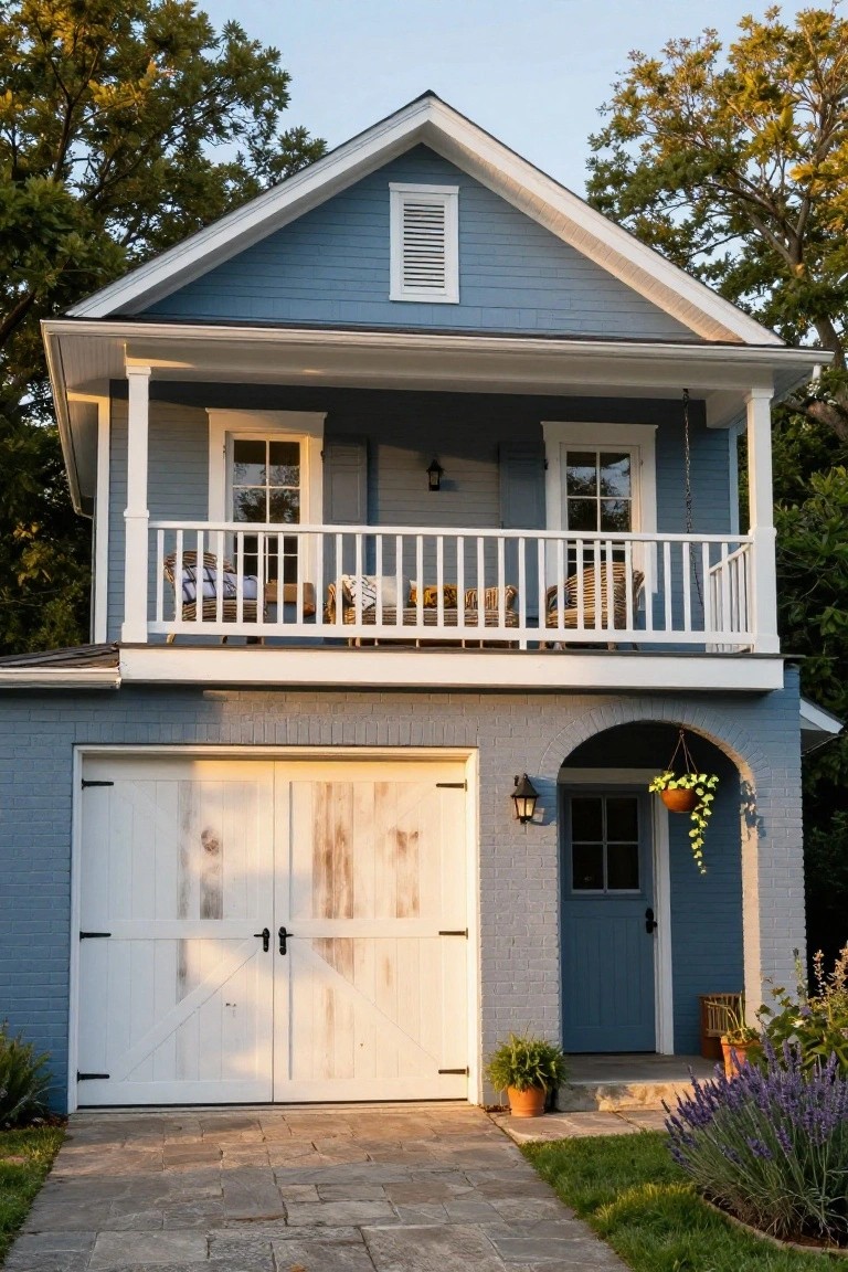 Two-story light blue-gray clapboard house with white garage doors below, balcony with wicker chairs and pillows above, brick accents, hanging plants, and lavender landscaping along a stone pathway.