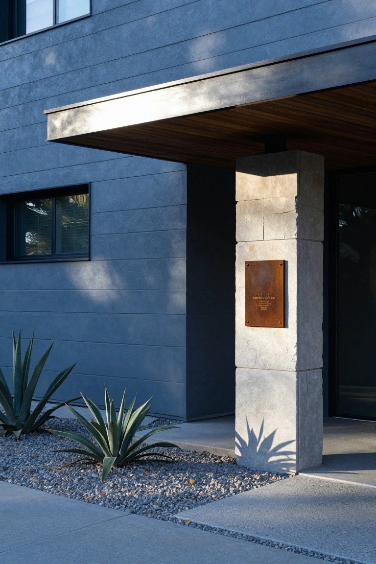 Blue-gray stucco house exterior with a tall light stone pillar at the entry holding a small bronze plaque, wooden beam canopy overhead, agave plants in gravel bed, and concrete walkway.