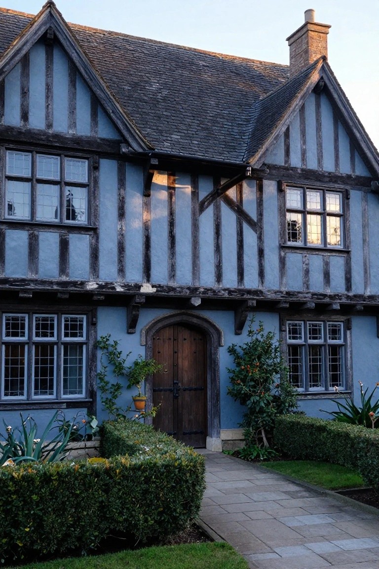 A two-story half-timbered house with blue-gray plaster walls and dark wooden beams, featuring multi-pane windows, an arched wooden front door, plants in pots, low green hedges, and a stone pathway in the front yard.