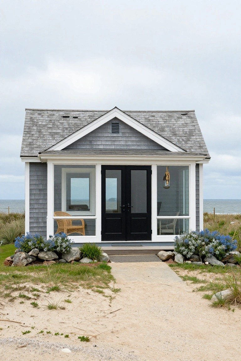 Small gray shingled beach cottage with white trim, screened porch, black double doors, wicker chair inside, blue flowers and rocks in front, sand path leading to ocean.