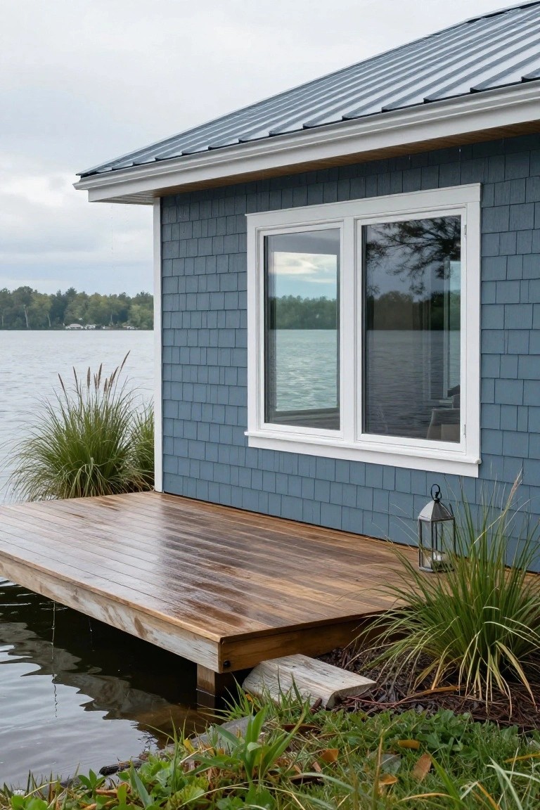 Blue-gray shingle siding on a house with white-trimmed double window overlooking a lake, wooden dock extending from the base into the water, metal roof, lantern light, and ornamental grasses.