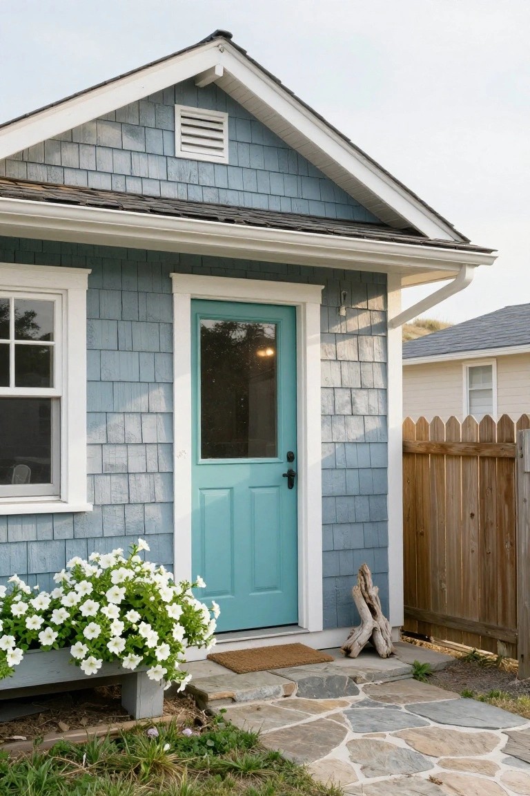 Blue-gray shingled exterior of a small house with a turquoise front door, white petunias in a gray planter box, driftwood pieces, a wooden picket fence, and stone pathway.
