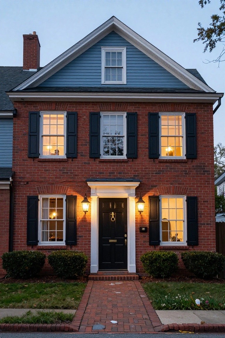 Two-story brick house with blue-gray wood siding on the upper gable, black shutters on multipane windows, illuminated interior lights, black front door flanked by lanterns, brick entry path, boxwood shrubs, and small garden bed at dusk.