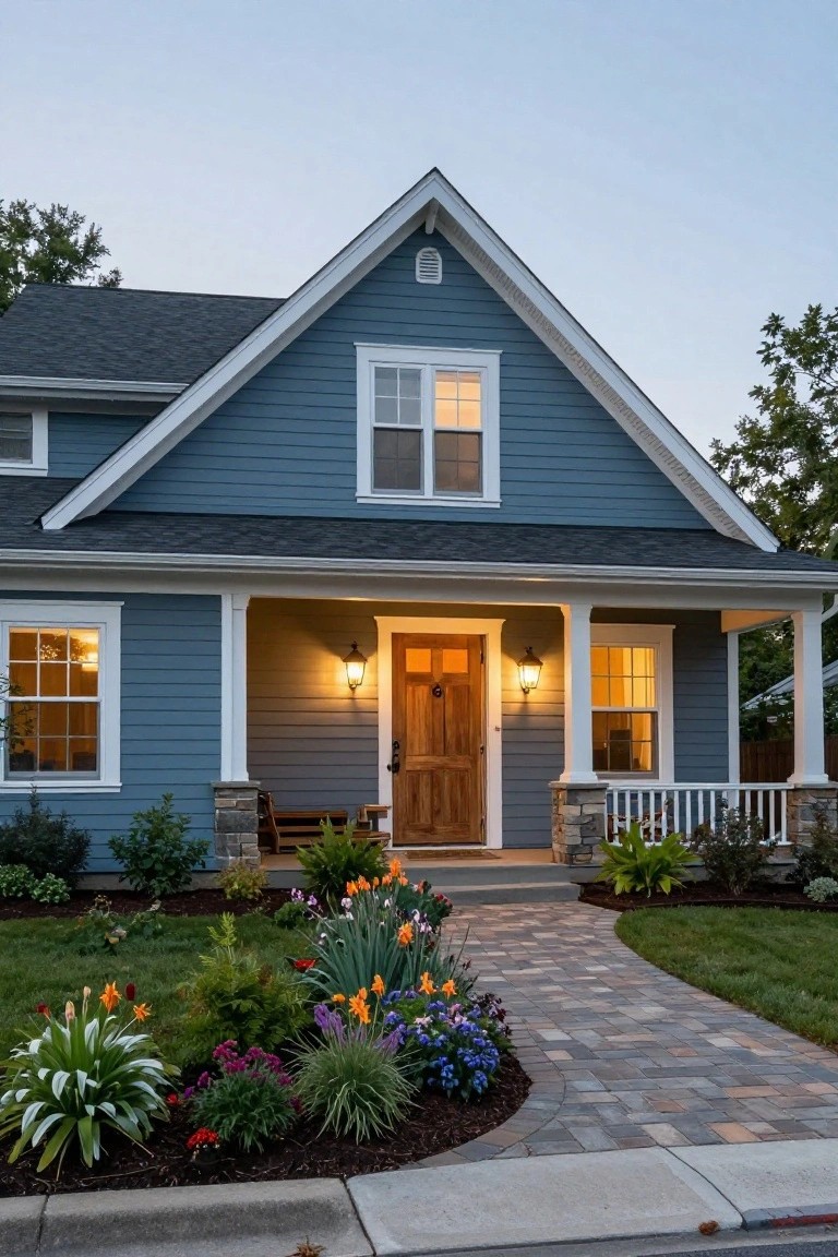 Front view of a two-story house with blue-gray clapboard siding, white trim, dark shingled gabled roof, covered porch with wooden door flanked by lanterns, stone pillars, and landscaped flower beds leading to a brick walkway.