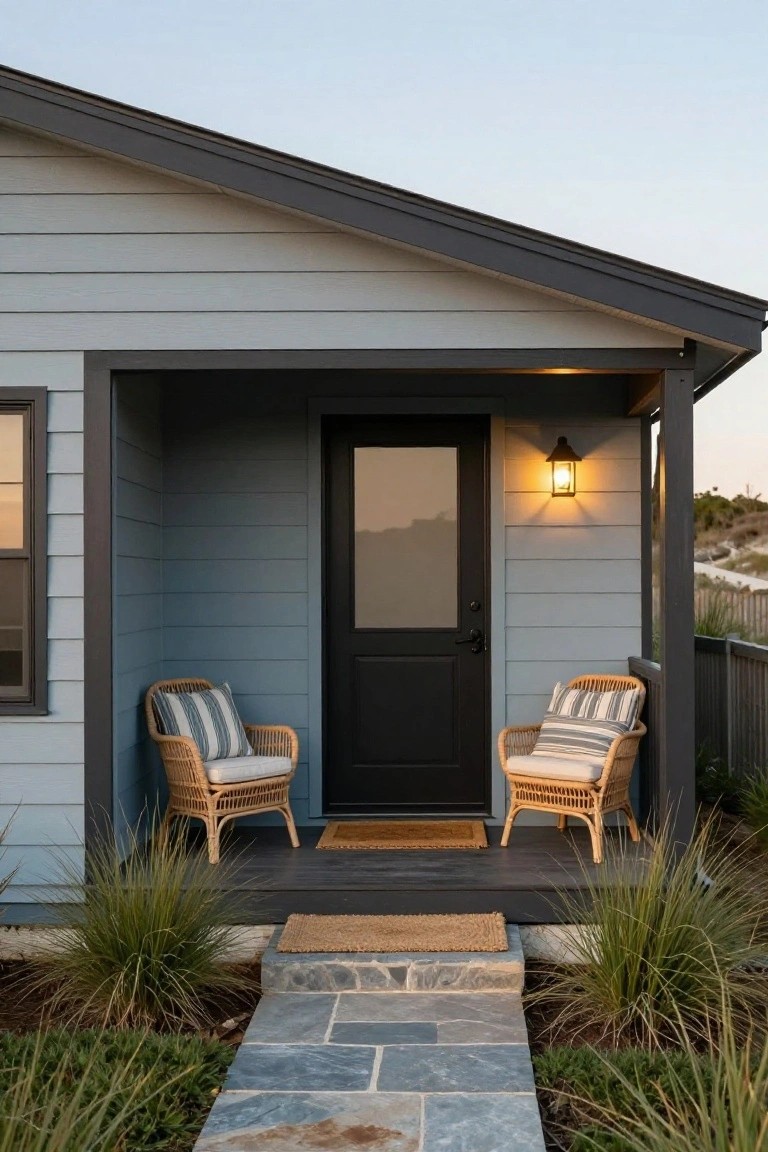 Front view of a light blue-gray clapboard house with covered porch, black glass front door, lit wall lantern, two wicker chairs with striped cushions, welcome mat, and slate stone pathway amid grasses.
