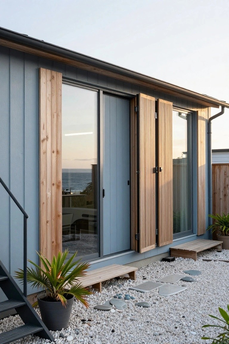 Side view of a blue-gray sided cabin-style house with large sliding glass doors flanked by open vertical wooden shutters, black metal stairs leading down, potted palm plants, gravel yard with stone stepping pads, and an ocean view through the glass.