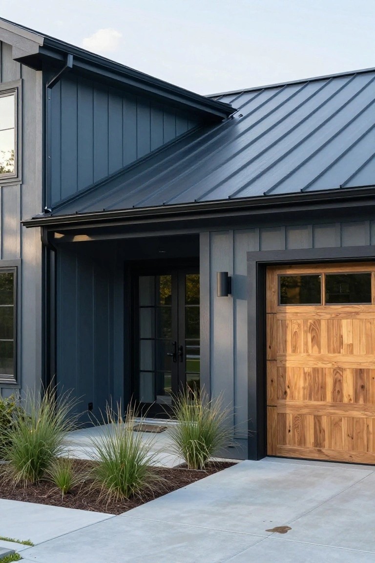 Modern home entrance with dark blue siding, wooden garage door, and landscaped greenery.