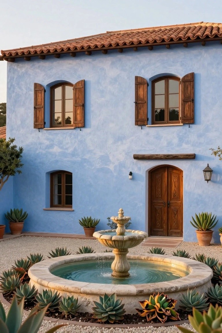 Blue stucco house exterior with terracotta tile roof, wooden shutters and double doors, wall lantern, and circular stone fountain surrounded by agave plants in gravel courtyard.
