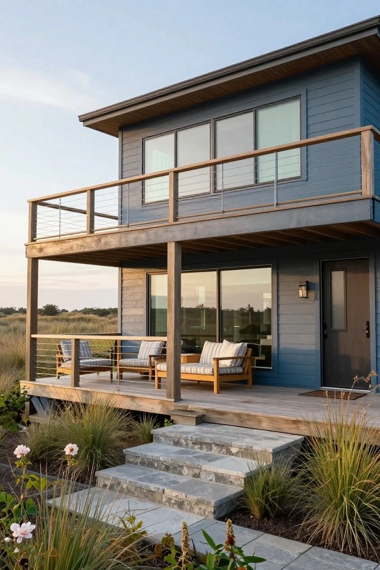 Two-story house with blue-gray vertical siding, elevated wood deck porch holding two cushioned chairs, large glass windows, stone entry steps, and tall dune grasses in the foreground.