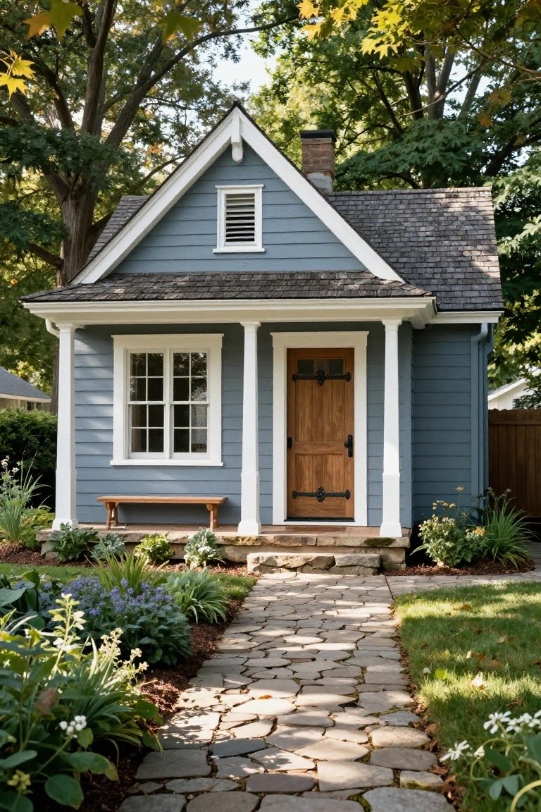 Small gabled cottage house painted blue gray with white trim, wooden front door, porch supported by columns, built-in bench, stone pathway, and garden plantings in a yard with trees.