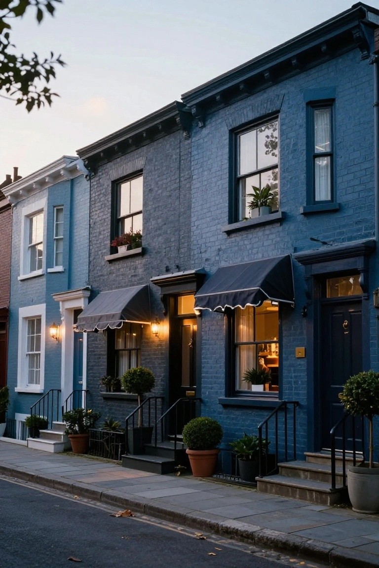 Row of attached brick townhouses painted in deep navy blue with black awnings over doors, potted plants on steps, and warm lights illuminating entries at dusk on a paved street.