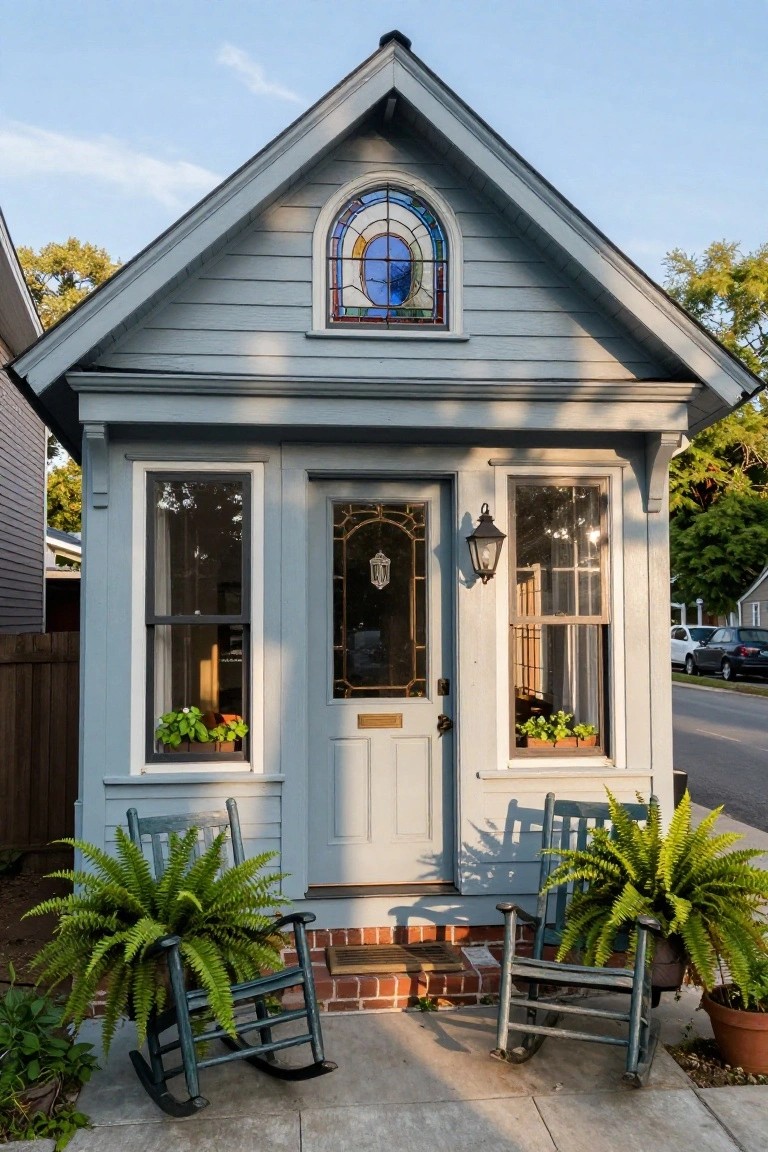 Small light blue-gray clapboard house with arched multicolored stained glass window in gable, central glass-paneled door with brass knocker, flanked by windows with potted plants, exterior lantern, two green rocking chairs with ferns on brick stoop, plants nearby, fence, trees, and parked cars in background.