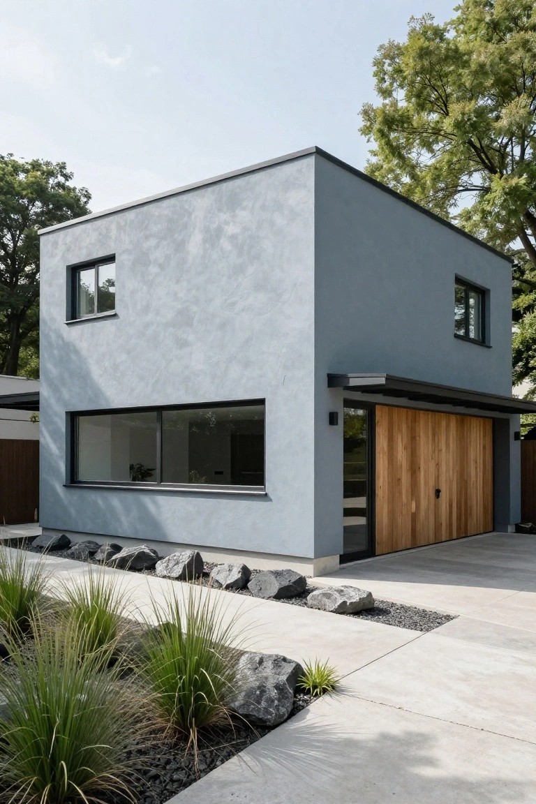 Modern cubic house with blue-gray stucco walls, large horizontal windows, wooden garage door, and front yard landscaping of grasses and rocks on a concrete path.