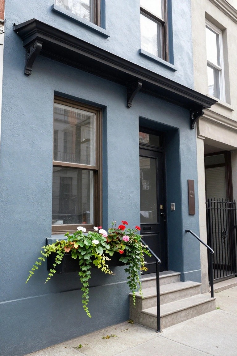 Blue-gray stucco townhouse exterior with black front door, brass knocker, window box of red geraniums white flowers and ivy, black metal railing on stone steps, and adjacent beige building.