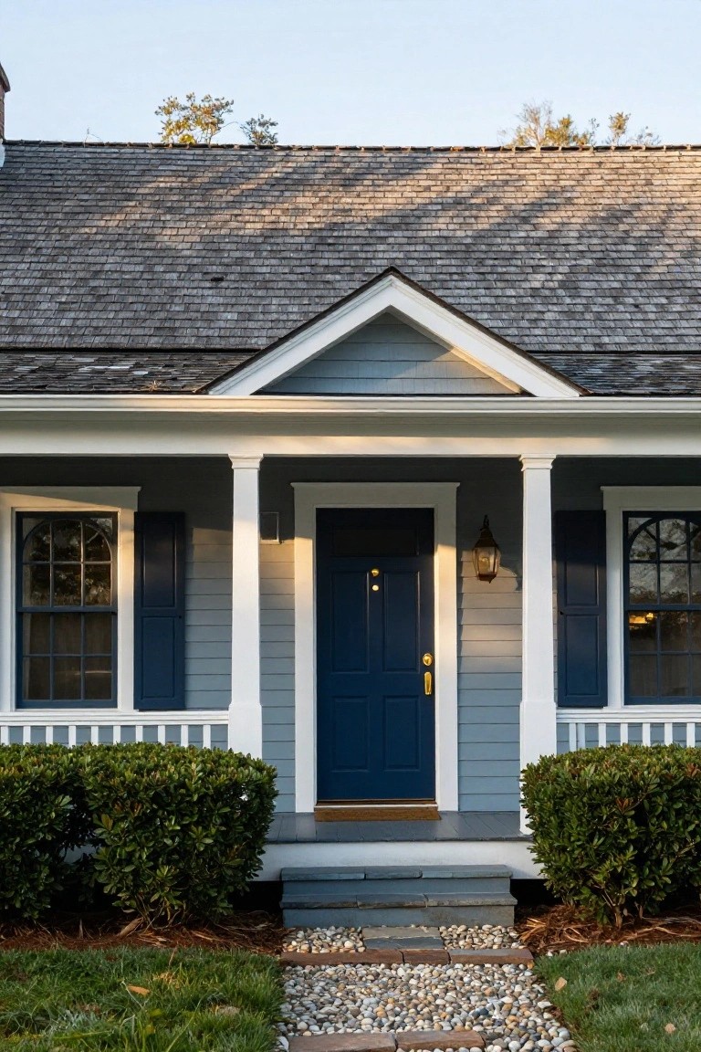 Front exterior of a two-story blue-gray clapboard house with gabled roof, white porch supported by columns, navy blue front door, flanked windows with shutters, lantern lights, and boxwood shrubs beside stone steps.