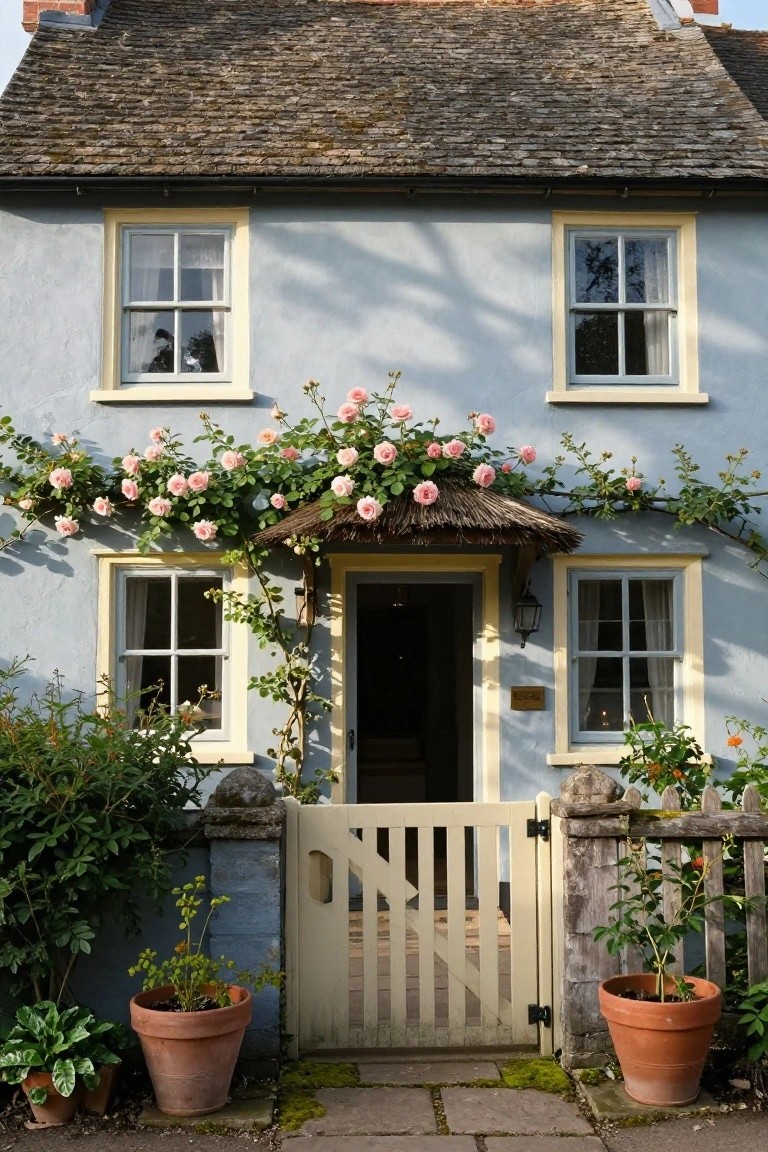 Light blue-gray cottage house with pink climbing roses draping over the thatched porch entrance and walls, white picket gate, stone pillars, and potted plants in the front garden.