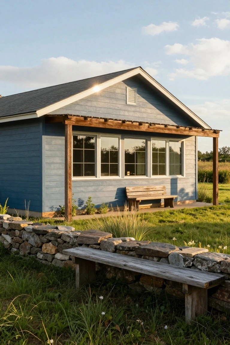 A small gable-roofed house with blue-gray clapboard siding, dark shingles, wooden pergola over a side porch with bench, large triple windows, stone wall edged yard with another wooden bench, grass, and plants.