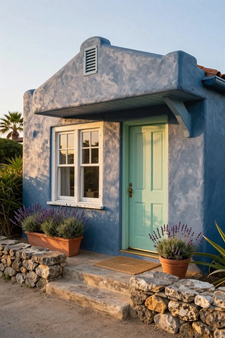 Small blue-gray stucco cottage with rounded adobe-style roofline, mint green front door, white-framed window, lavender plants in terracotta pots, stone retaining walls, and palm trees in the background at sunset.