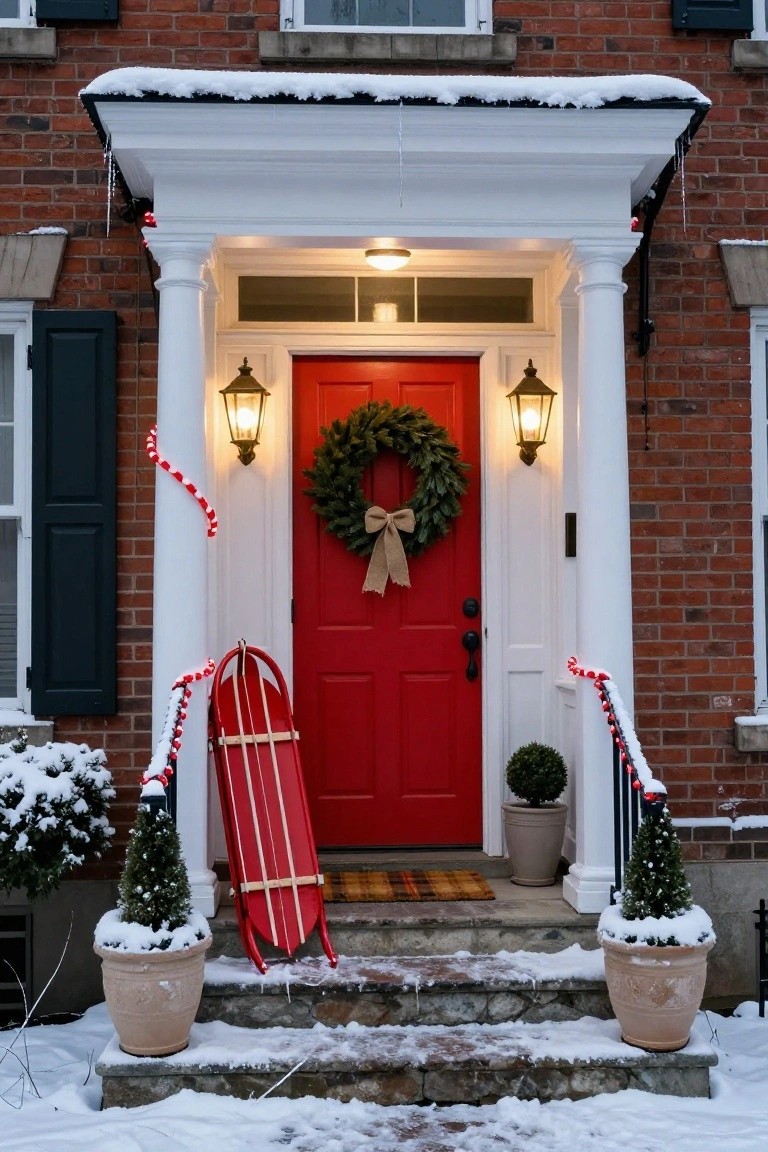 Brick house front with red door, green wreath, white columns wrapped in red and white candy cane lights, red sled by door, potted plants with snow, and lit lanterns on snowy steps.