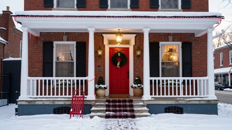 Brick house front with red door, green wreath, white columns wrapped in red and white candy cane lights, red sled by door, potted plants with snow, and lit lanterns on snowy steps.
