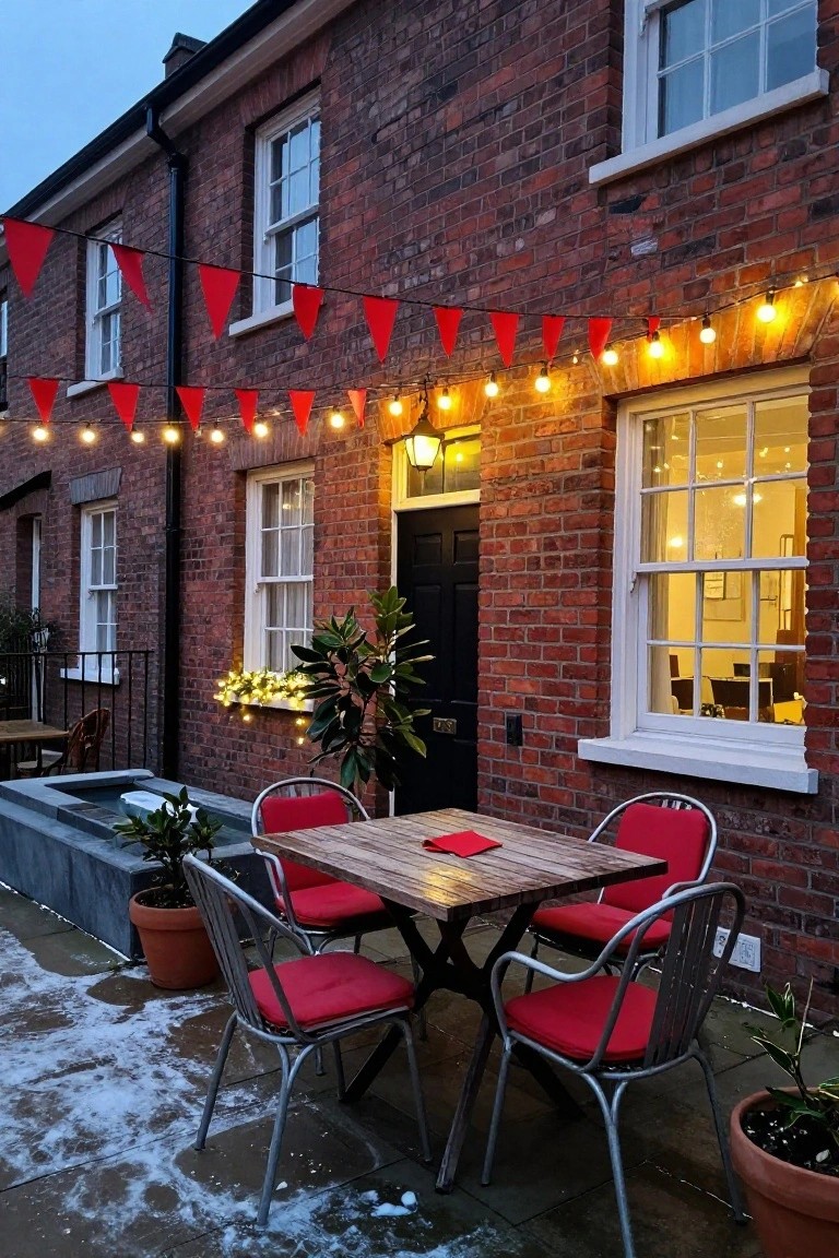 Snowy outdoor patio beside a red brick house with black front door, red triangular bunting and yellow string lights strung overhead, wooden table with red cushioned metal chairs, potted plants, and lit windows inside the house.