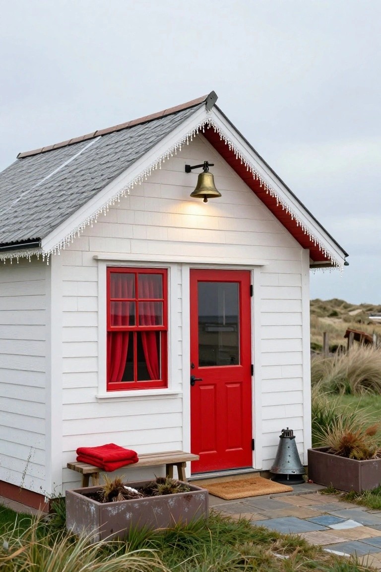 Small white clapboard house with red front door and window, white dangling icicle-style lights and lit brass bell lantern along the sloped roof eaves, wooden bench with red blanket and potted plants outside on stone path amid dune grasses.