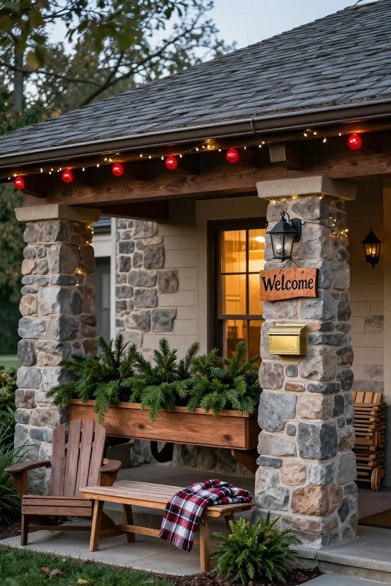 Rustic stone porch with wooden beams and pillars, strings of large red bulb Christmas lights along the eaves and posts, evergreen garland in wooden planters, Adirondack chair, bench with plaid blanket, gold mailbox, and wooden welcome sign.