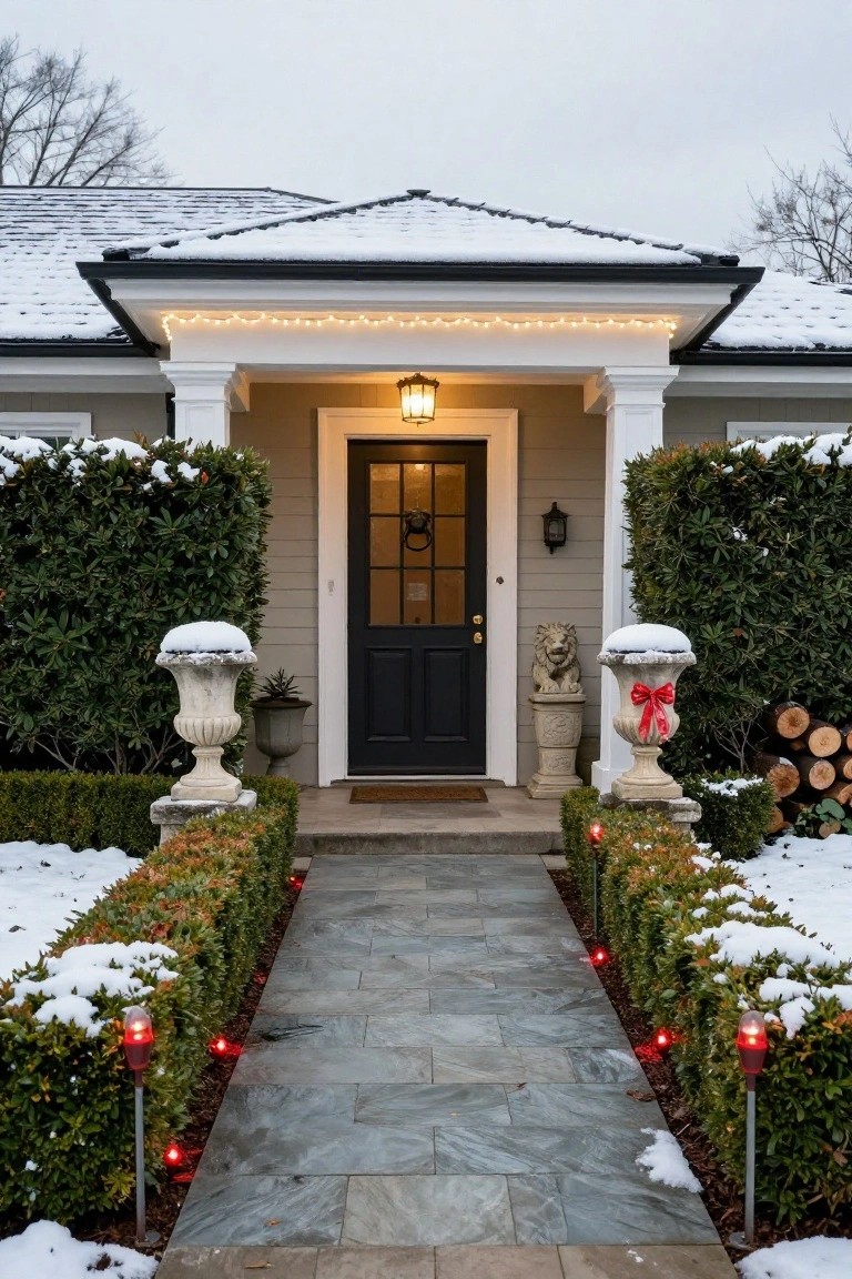 Snow-covered stone house front with a straight stone pathway edged by low boxwood hedges strung with red LED lights, leading to a columned portico entrance flanked by urns and a large red bow.