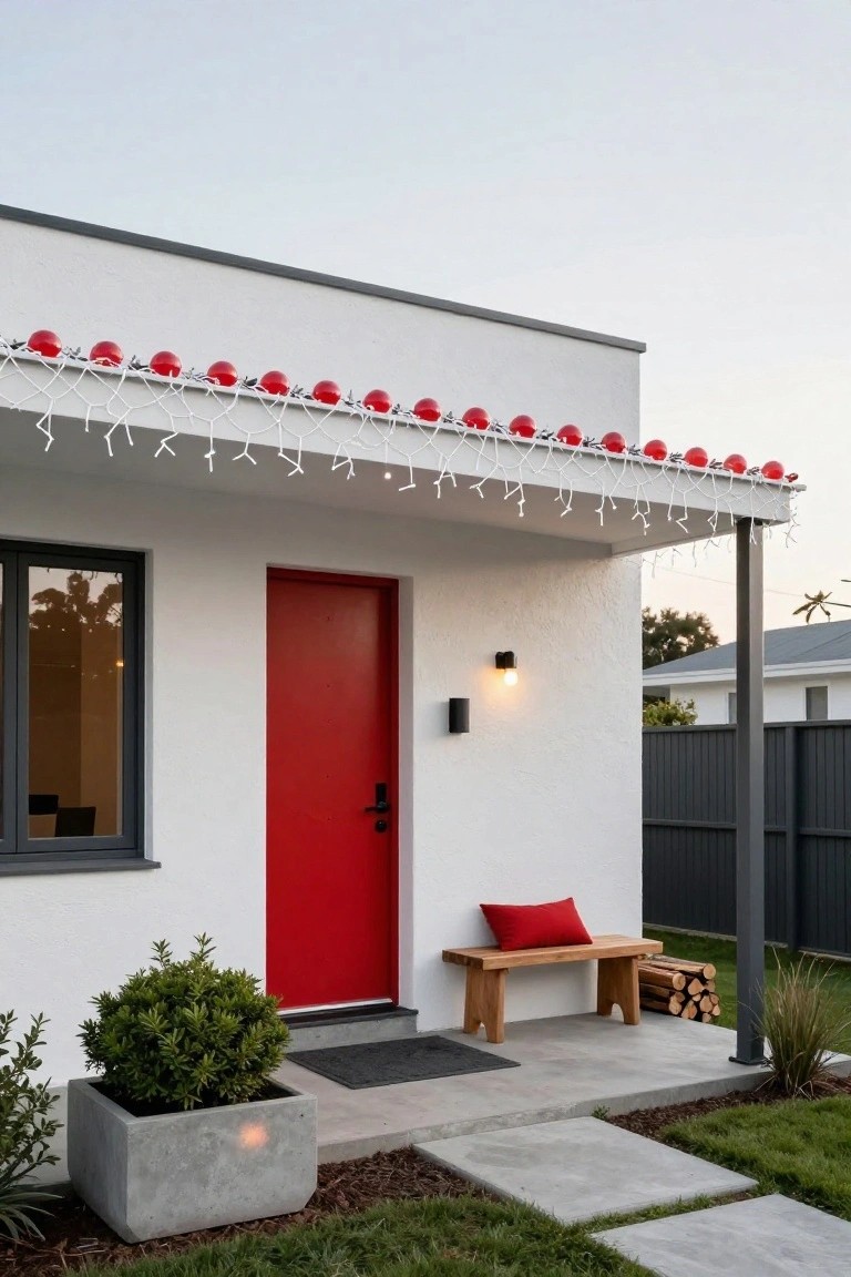 Modern white stucco house exterior with gray trim, red front door, black-framed window, wooden bench with red pillow on porch, potted shrub, firewood stack, and strings of red globe lights with white icicle lights along the porch roof at dusk.