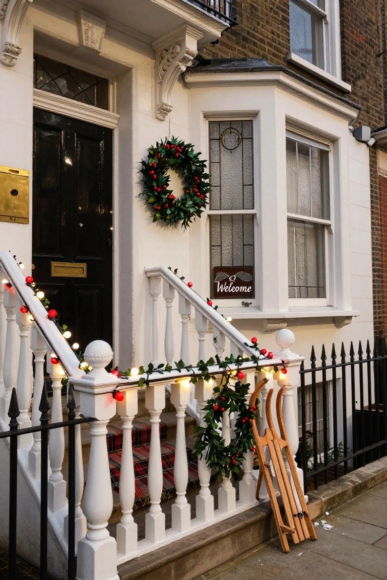 White painted house exterior with black front door, Christmas wreath on door, stained glass windows, red and white string lights and holly garlands on white railings and steps, wooden sleds leaning against fence, and Welcome sign on window.