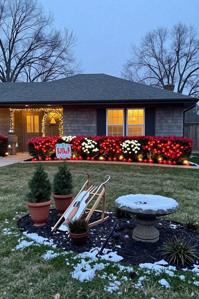 Gray shingled house exterior at dusk with string lights on the entry arch and dense bushes lined with red and white Christmas lights forming patterns, flanked by potted evergreens, a wooden sled stand, stone birdbath, and snow patches on the lawn.