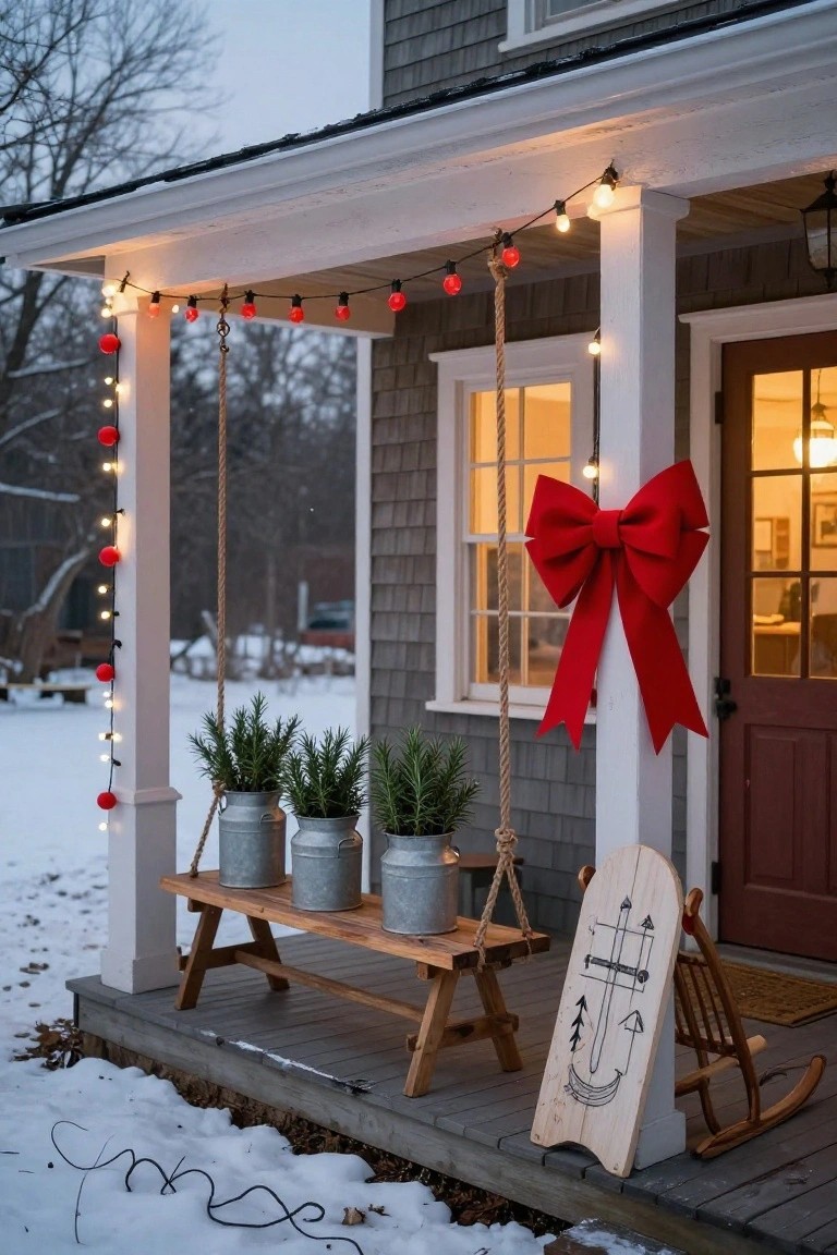 Snow-covered front porch of a gray shingled house with red string lights wrapped around white posts and railings, large red fabric bow on the door, wooden bench holding galvanized buckets of greenery, wooden sled leaning nearby, and a rocking chair.