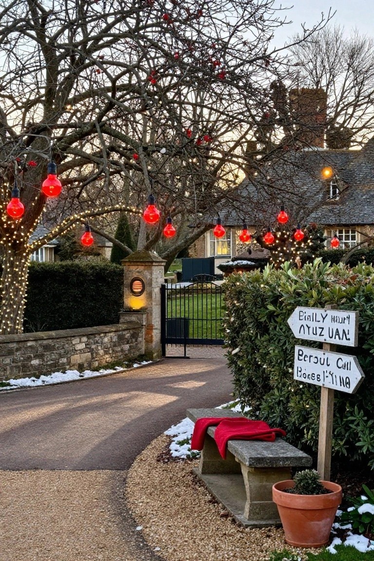 Snowy gated stone entrance to a house with bare trees strung with large red bulb lights, hedges, directional signs, a stone bench draped with red cloth, and a potted plant nearby.