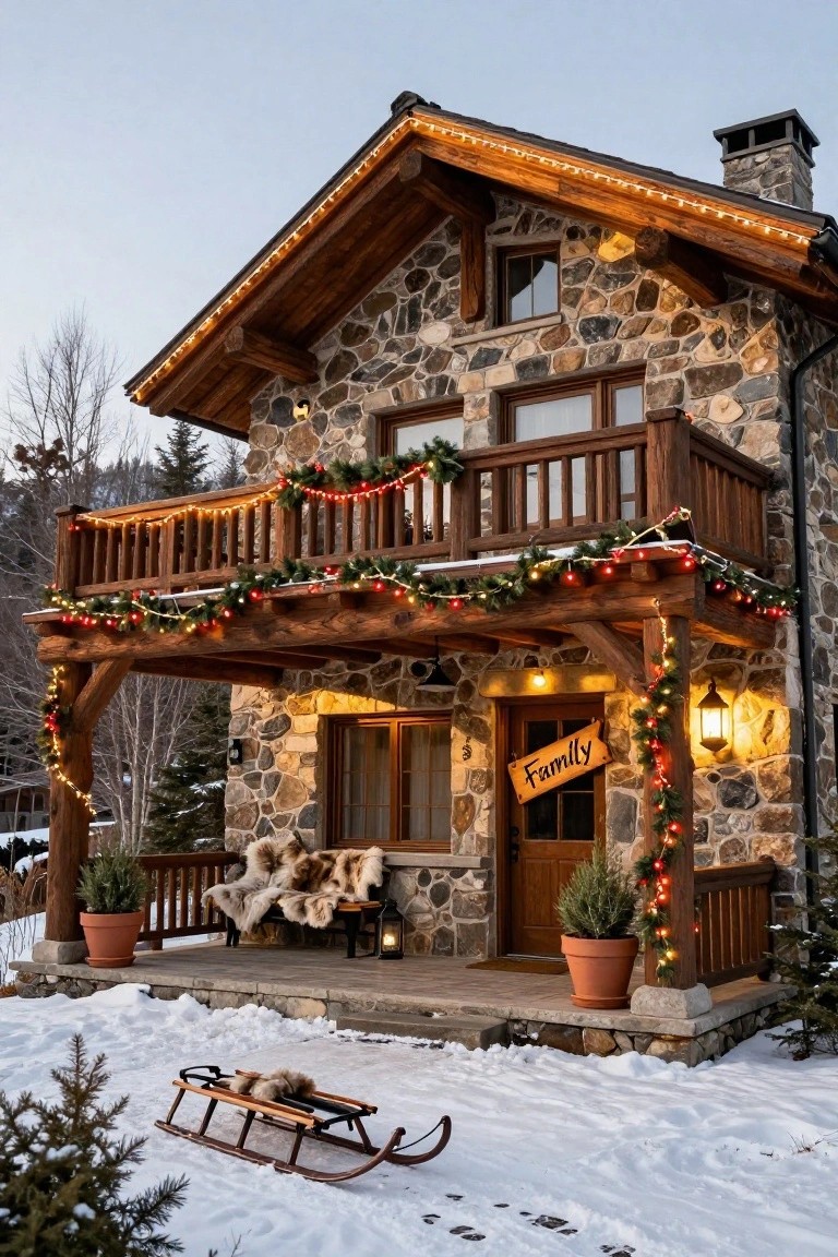 Snow-covered chalet house exterior with stone and wood construction, decorated with red garland and white lights along the roofline, balcony rails, porch beams, and door, featuring a wooden 