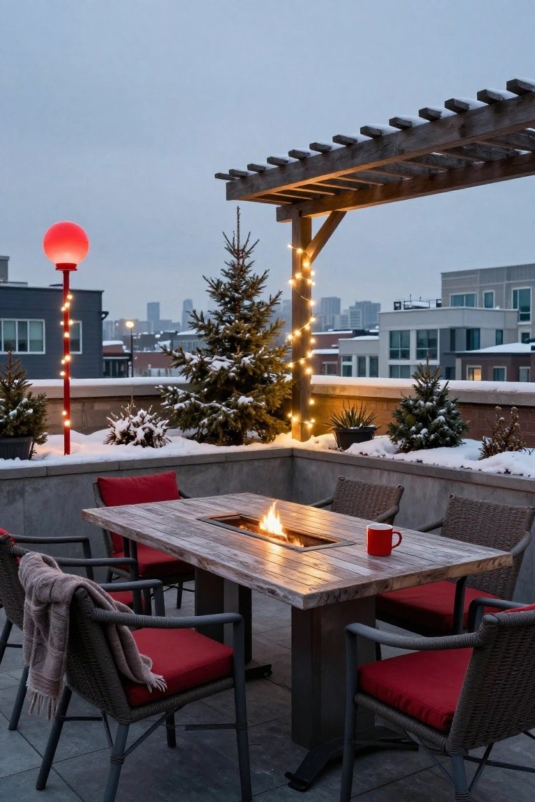 Snowy rooftop terrace with wooden pergola strung with lights, potted evergreen trees, tall red pole topped by large glowing red orb, rustic fire table, wicker chairs with red cushions and gray throw, and city buildings in background.