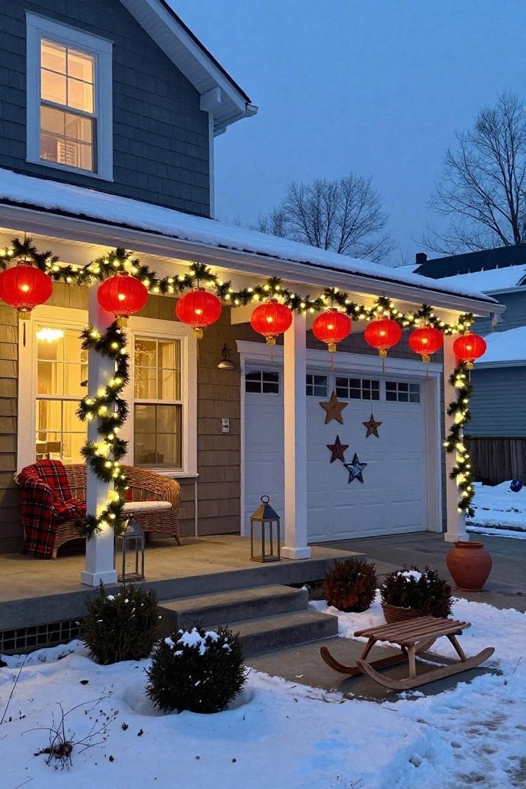 Gray shingled house exterior at dusk with snow on the ground and porch, red paper lanterns and white string lights hanging along the porch roofline with garlands, plaid-draped wicker chairs on the porch, garage door with star decorations, potted shrubs, and a wooden sled nearby.