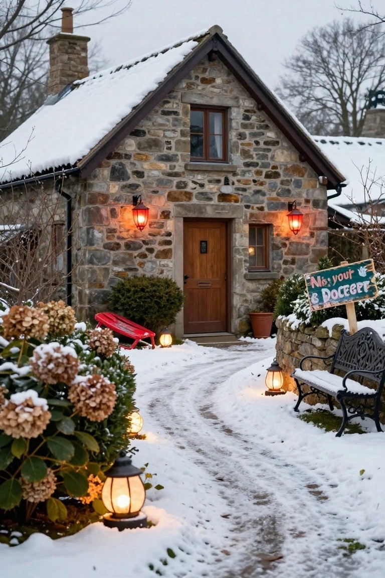 Snow-covered stone cottage with red-glowing lanterns on either side of the wooden front door, snowy path leading to it, hydrangea bushes, red sled, bench, potted plants, and a sign reading 