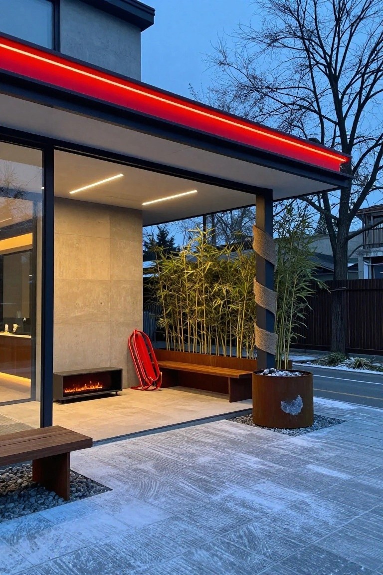 Modern house exterior with covered porch at dusk, red LED strip lights along the roof edge, gas fire pit, red lounge chair, wooden benches, bamboo plants wrapped around posts, metal fire bowl planter, and snowy tiled patio.
