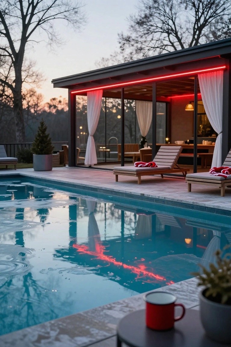 Outdoor poolside patio with two lounge chairs under a modern pergola edged in red LED lights, blue pool water reflecting the red glow, trees and dusk sky in background.