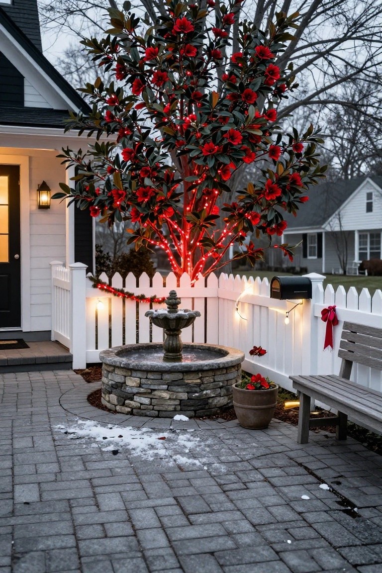 A magnolia tree with red flowers and dark leaves wrapped in red LED string lights stands in a front yard with light snow, next to a stone fountain on gray pavers, a white picket fence with white lights and red bows, a wooden bench, potted red flowers, and part of a white house with black door.