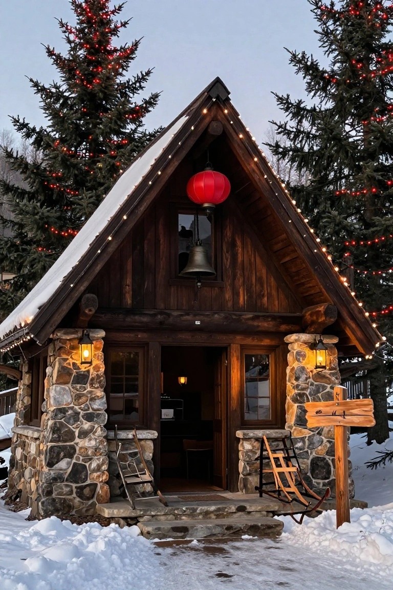 Snowy chalet-style house exterior flanked by tall pine trees wrapped in red Christmas lights, with a red lantern hanging from the balcony, wooden signpost, and stone entry steps at dusk.