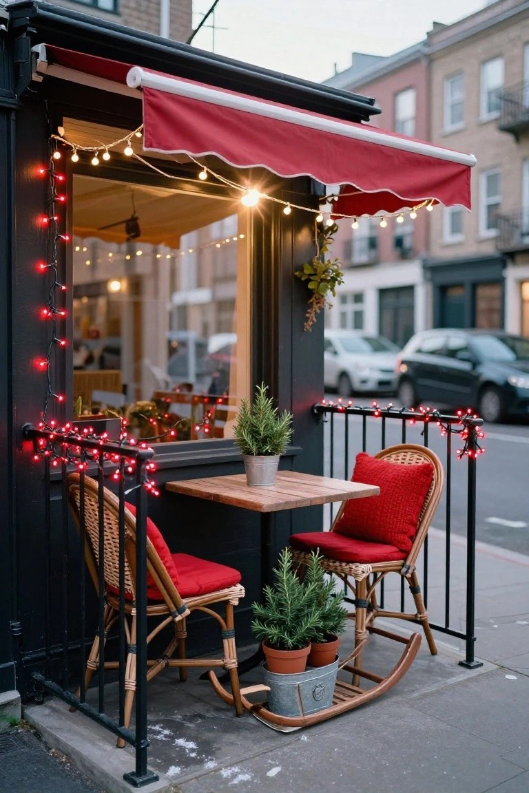 Black building facade with red awning, red Christmas lights along railing and around small wooden table with two wicker rocking chairs featuring red cushions and pillows, potted plants, and light snow on the sidewalk.