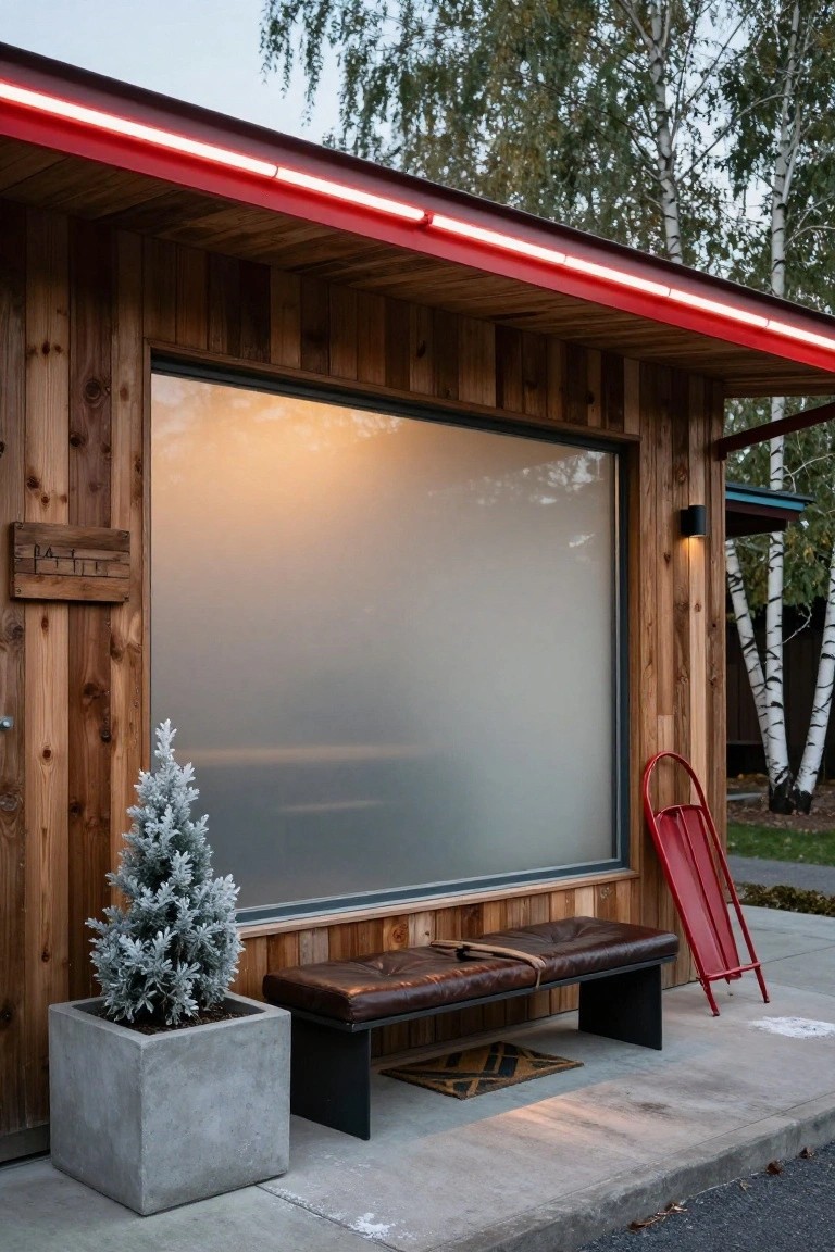 Wooden cabin exterior with red LED strip lights along the roof edge, large frosted window, wooden sign reading B4IT, potted frosted Christmas tree in a concrete planter, brown leather bench with strap, red metal sled, doormat, and birch trees in the background.