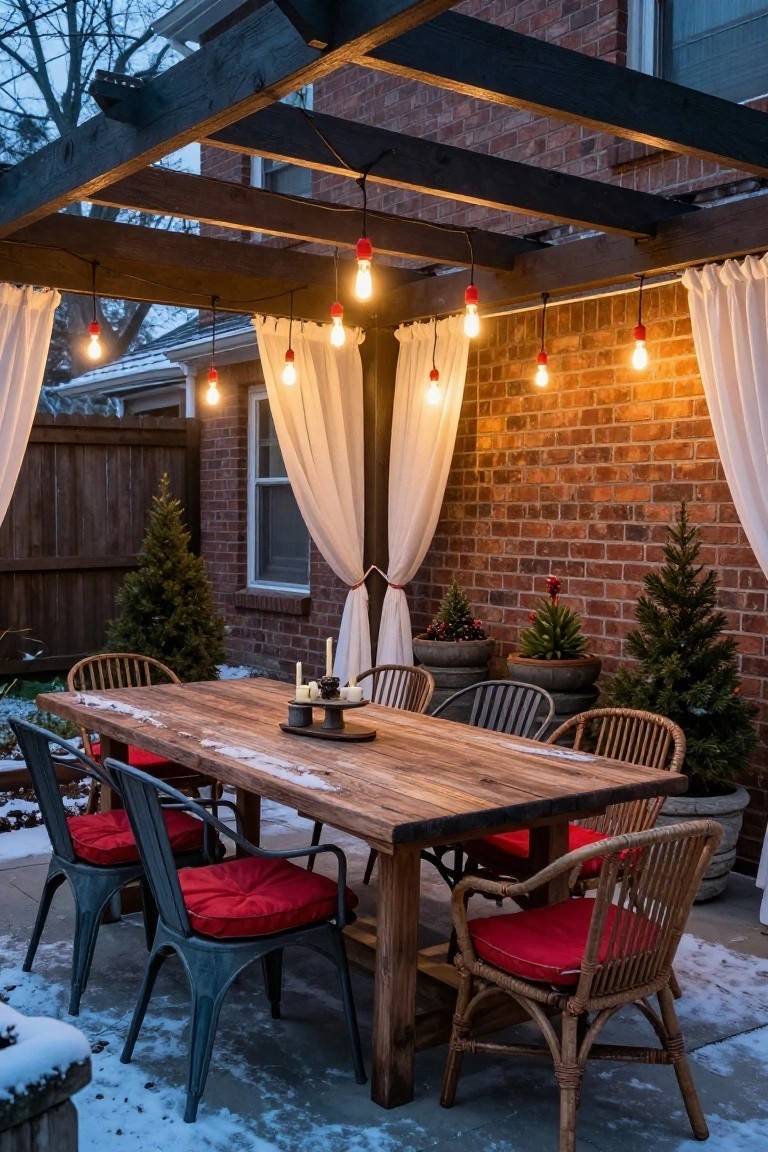 Snowy outdoor patio under wooden pergola strung with red bulb lights, sheer white curtains along brick wall, wooden dining table with mixed chairs and red cushions, potted small Christmas trees, and candles on table.