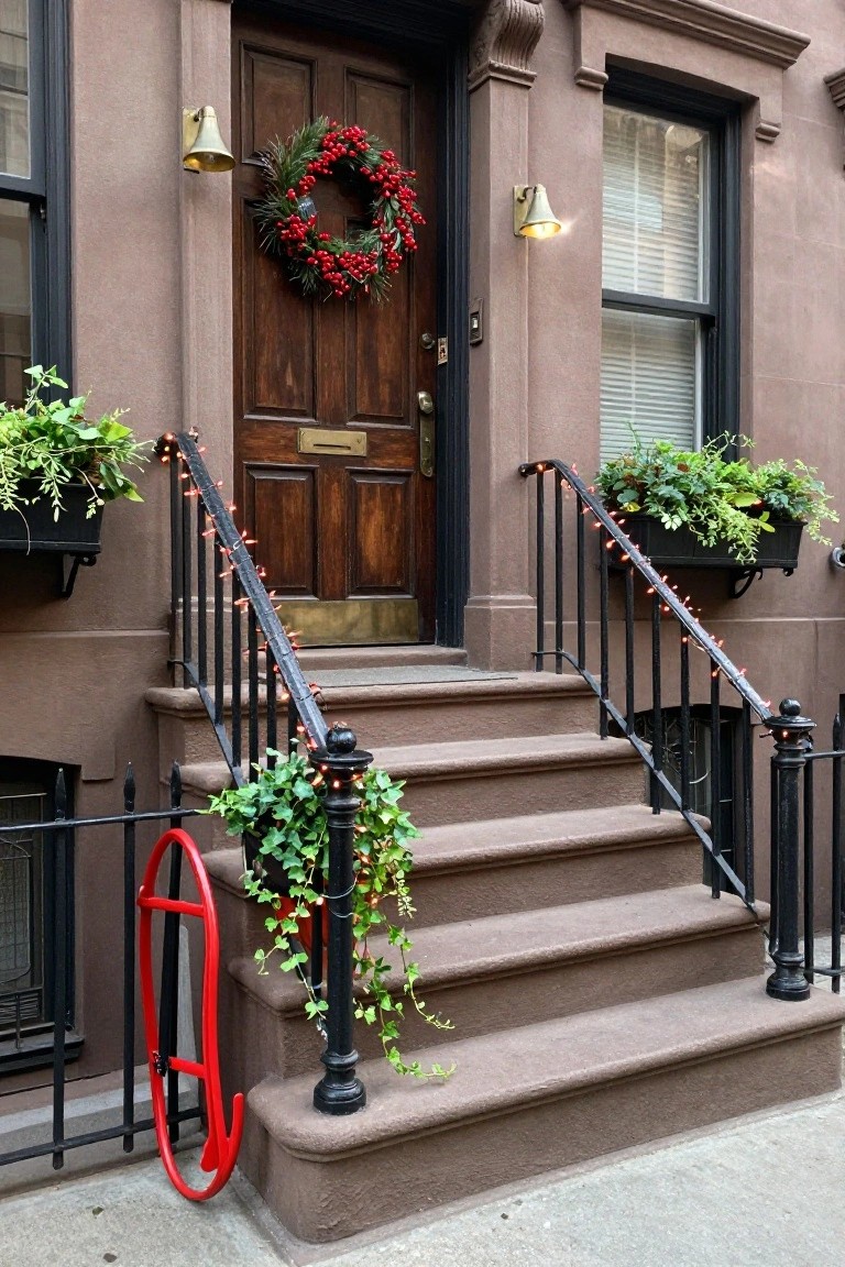 Brownstone house front with wooden door, red berry wreath, string lights on black railings and steps, greenery in window boxes and pots, and red metal bike rack on sidewalk.