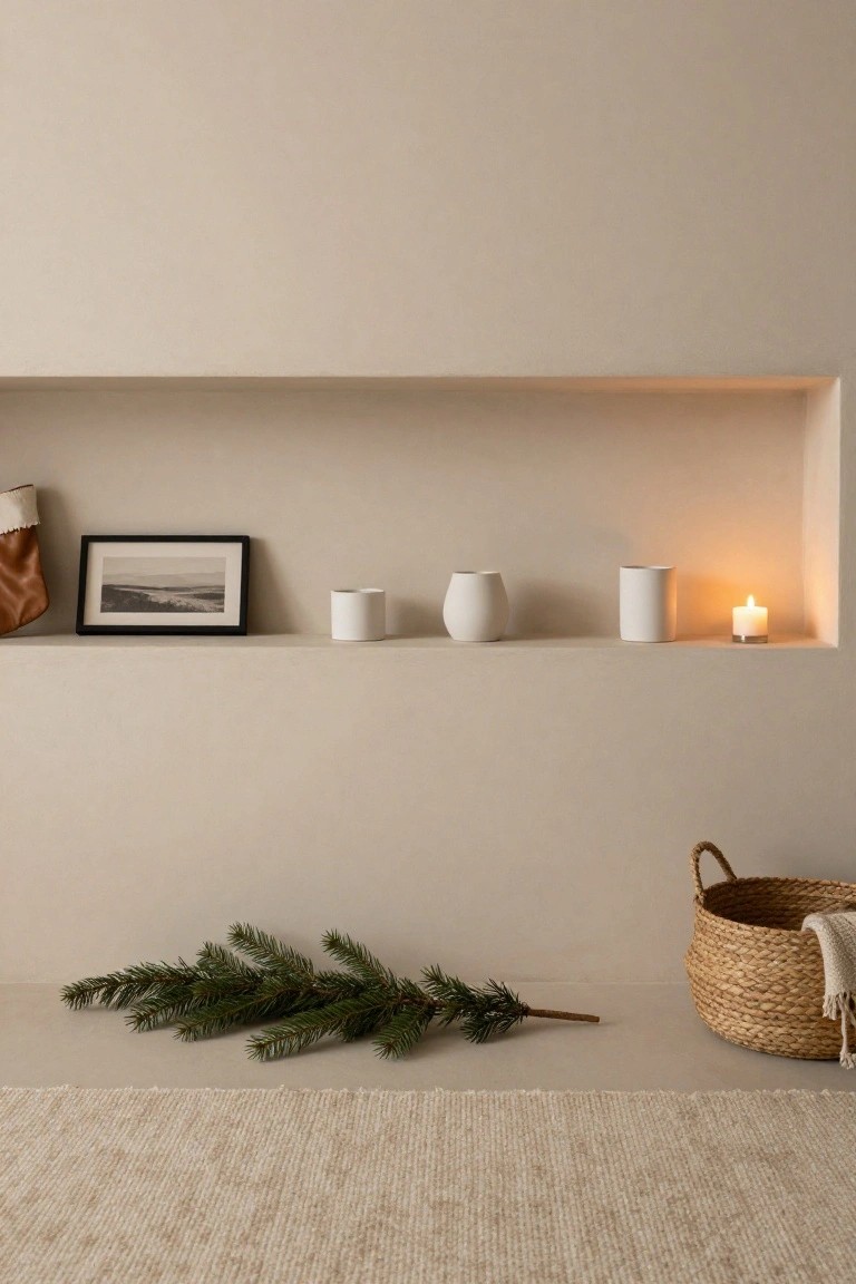 Beige interior wall with recessed shelf displaying white ceramic cups, a lit white candle, black-and-white framed photo, and leather stocking with red trim; green fir branch on floor next to wicker basket holding white throw on beige rug.
